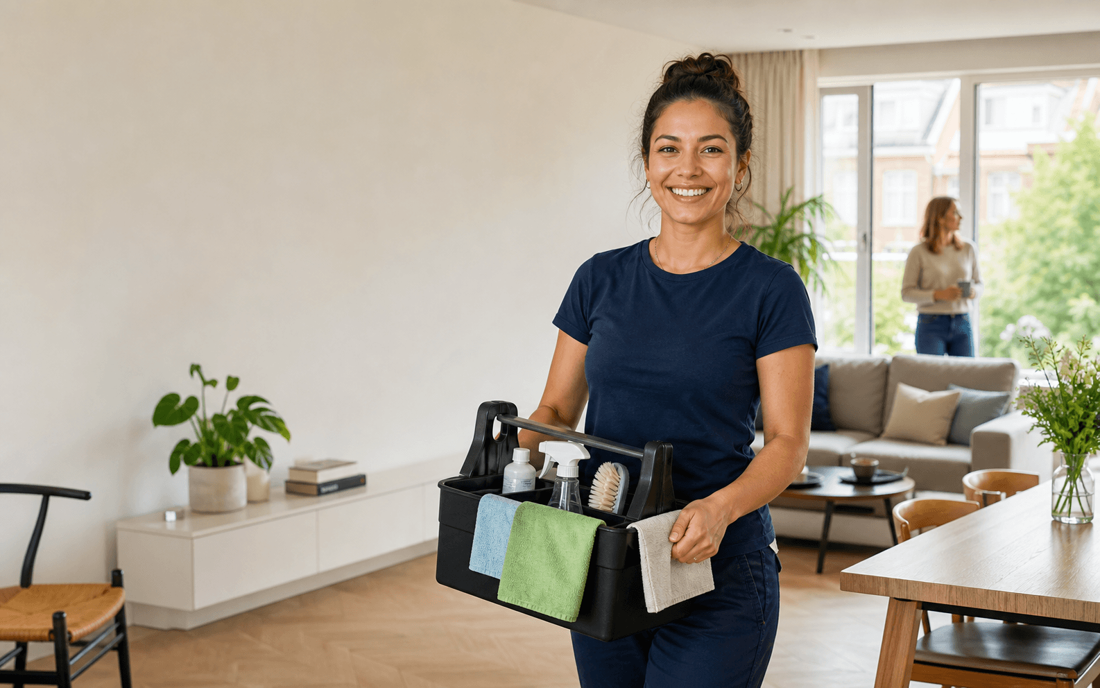 Zelfstandige schoonmaker met professionele schoonmaakspullen in een helder huis