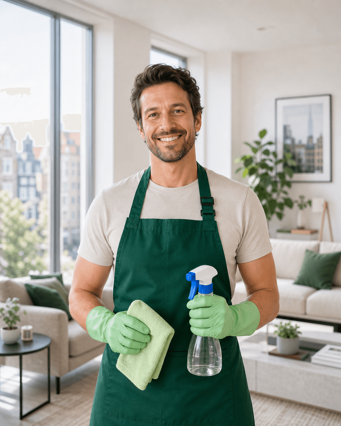 Zelfstandige mannelijke schoonmaker met schoonmaakmiddelen